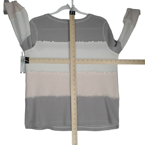 Doe & Rae Sweater Women Large Gray Pink Colorblock Waffle Knit Ruffle Cozy - Picture 5 of 8